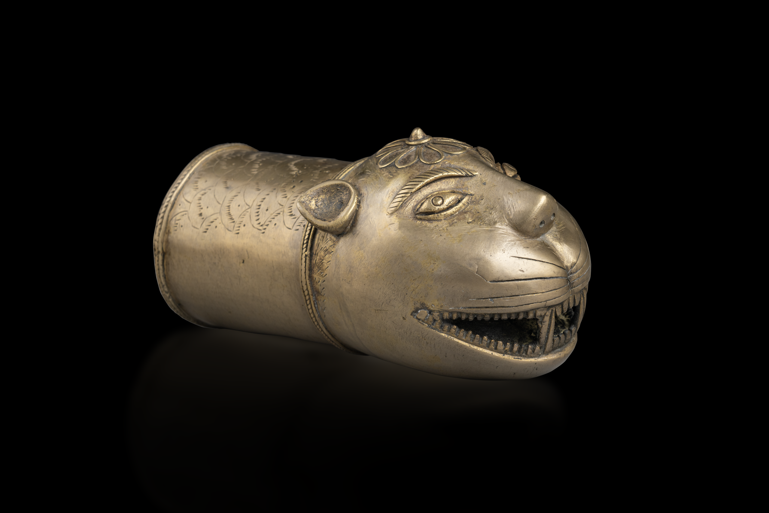 Tiger-Head Palanquin Finial, Brass, Deccan, Possibly Karnataka, Southern India, c.a 1870-1890.
