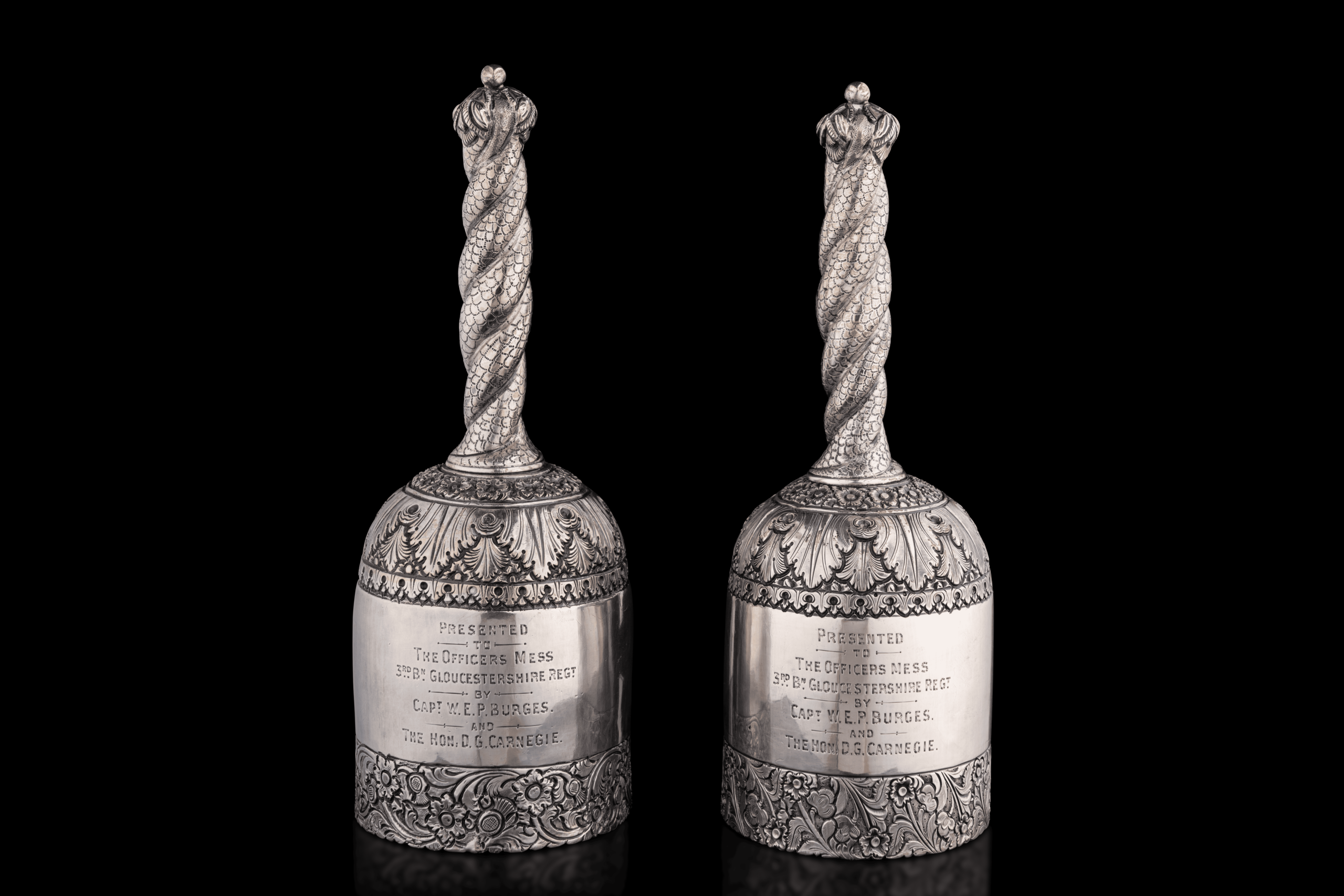 A Pair of Dinner Table Bells, Silver, Rangoon, Burma, South East Asia, ca 1890.