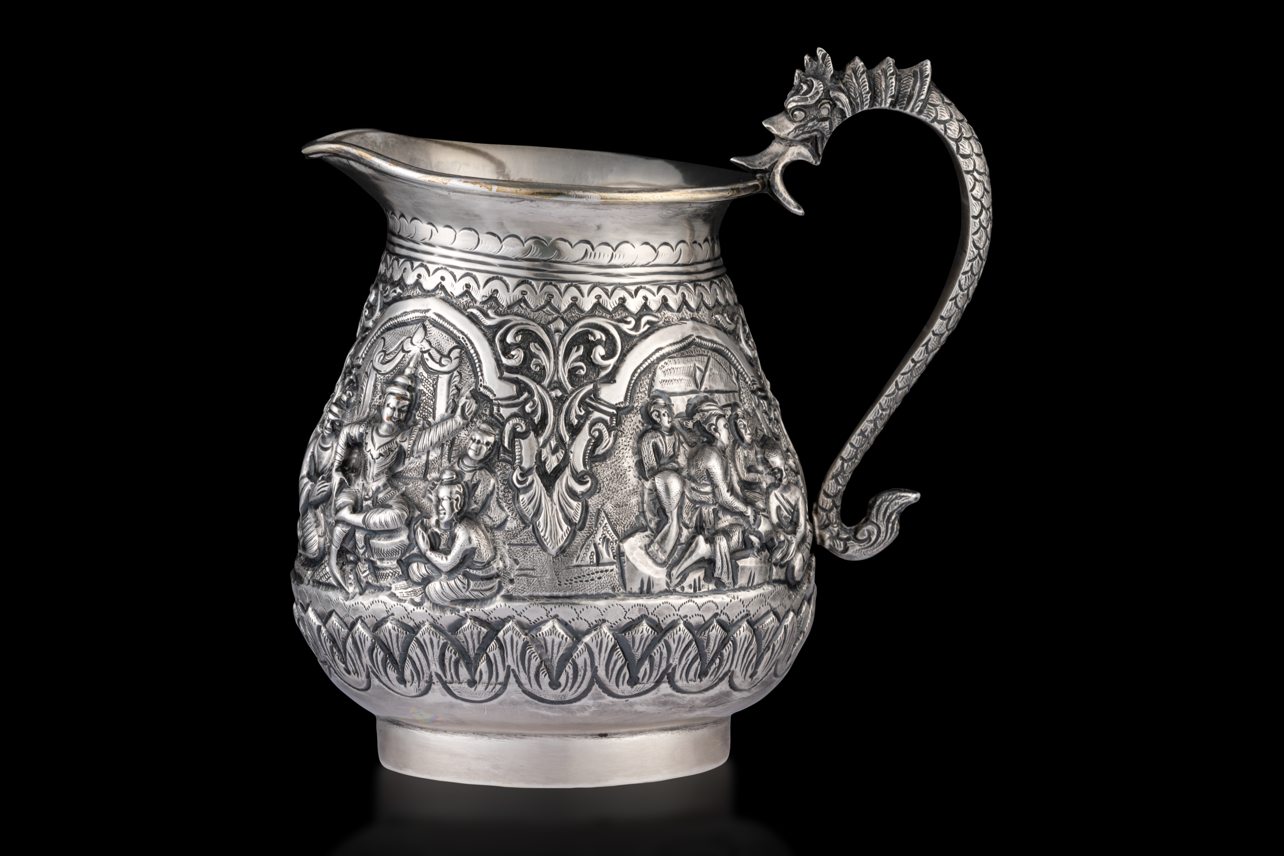 Burmese Silver Ewer with Narrative Reliefs, Mandalay or Rangoon, Burma, Southeast Asia, ca. 1880-1900.