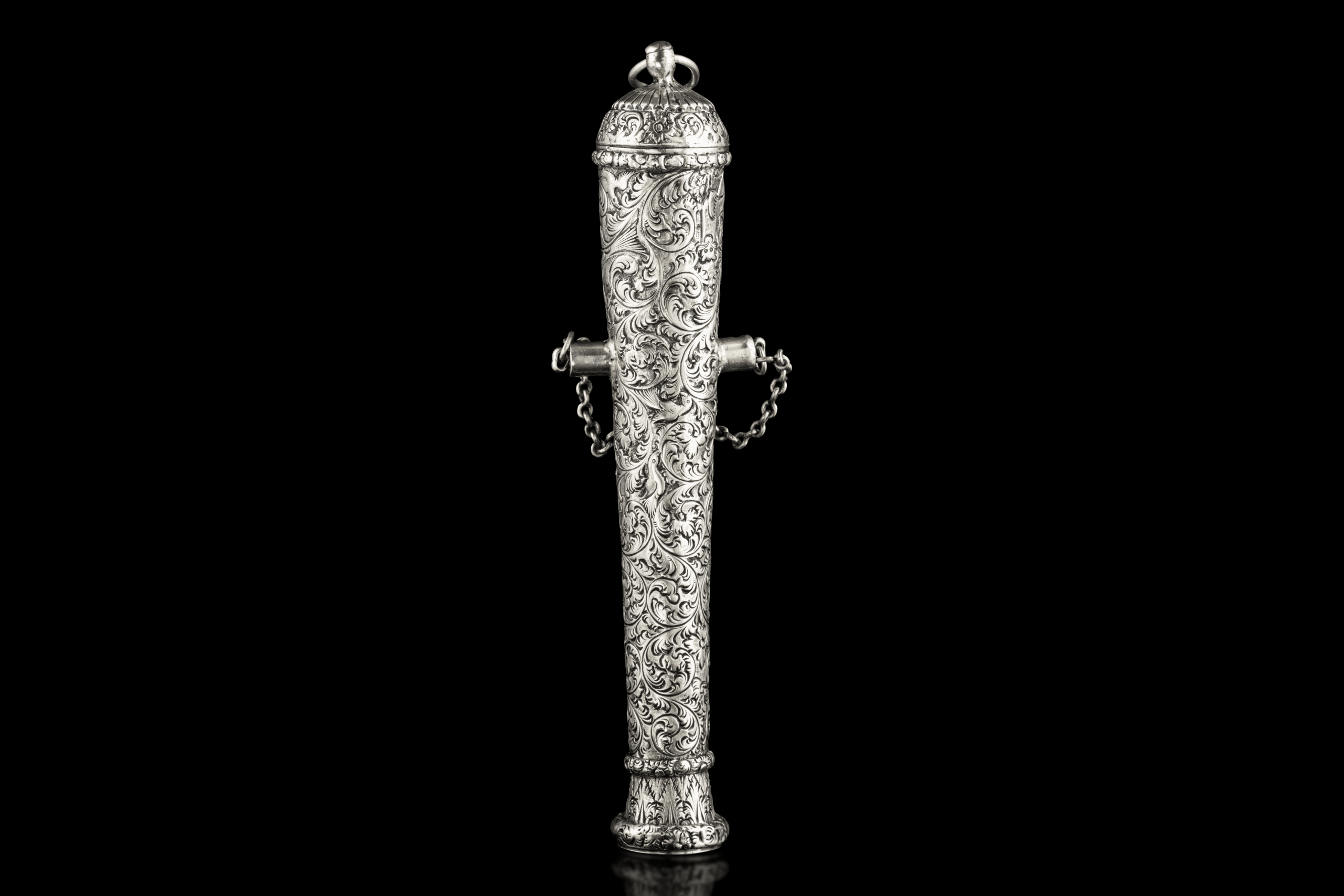 Cannon Shaped Tinder Tube, Silver, Tiruchirappalli, Tamil Nadu, Southern India, ca 1850-1860.