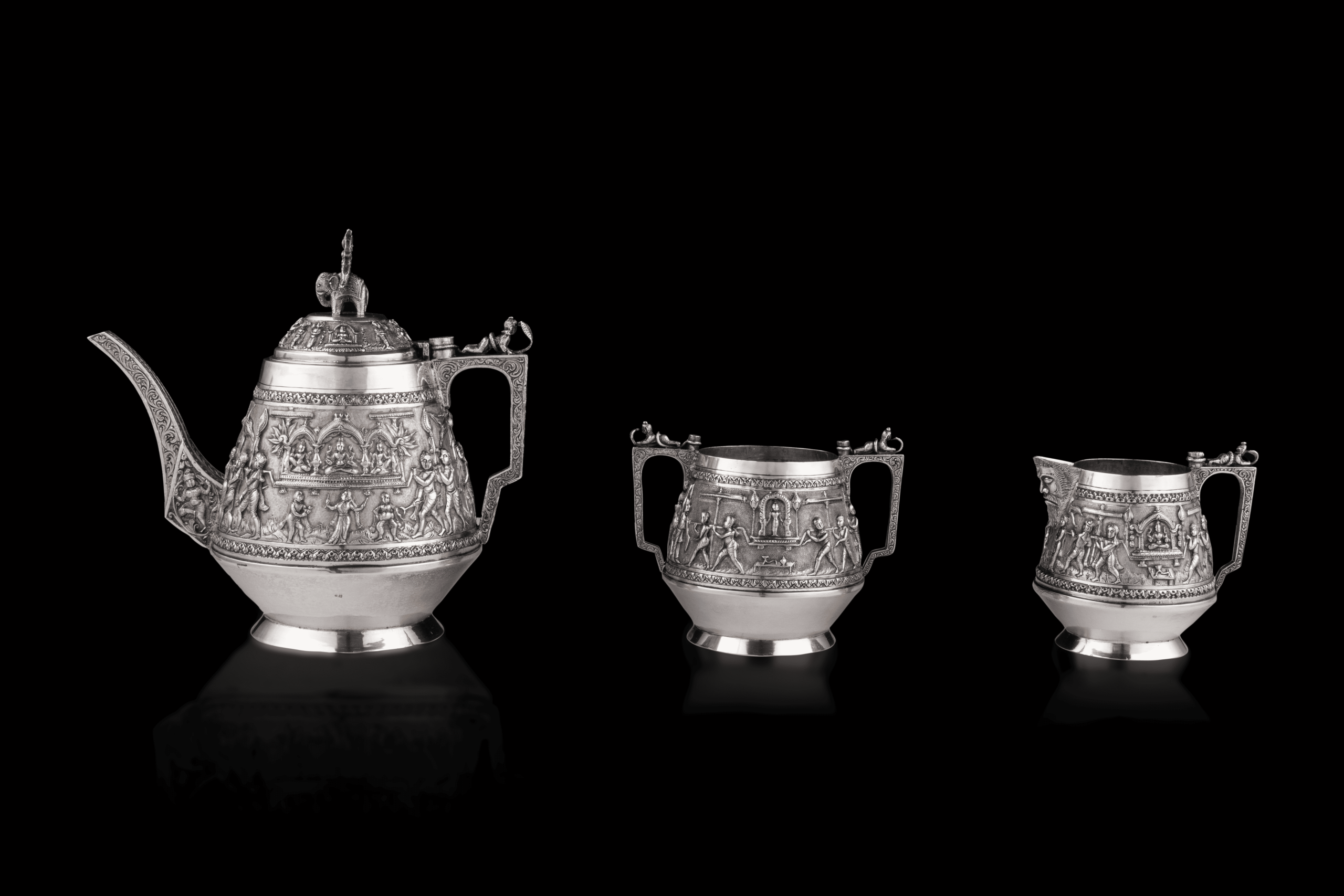 A Fine & Rare Tea Set, Silver, Chennai, Tamil Nadu, Southern India, ca.1870.